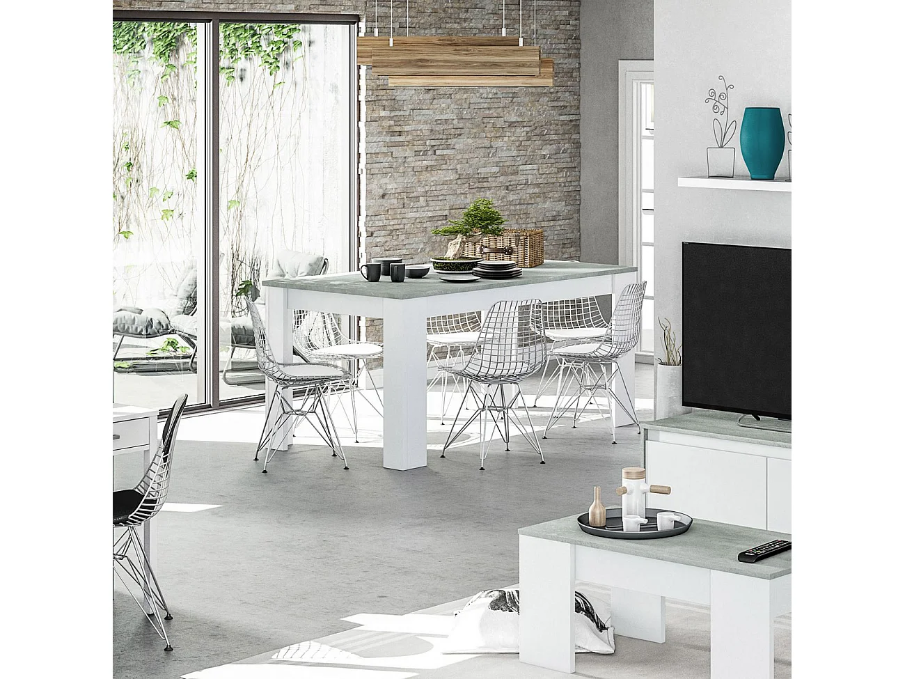 Table à manger THEA extensible L140-190cm - Blanc et béton