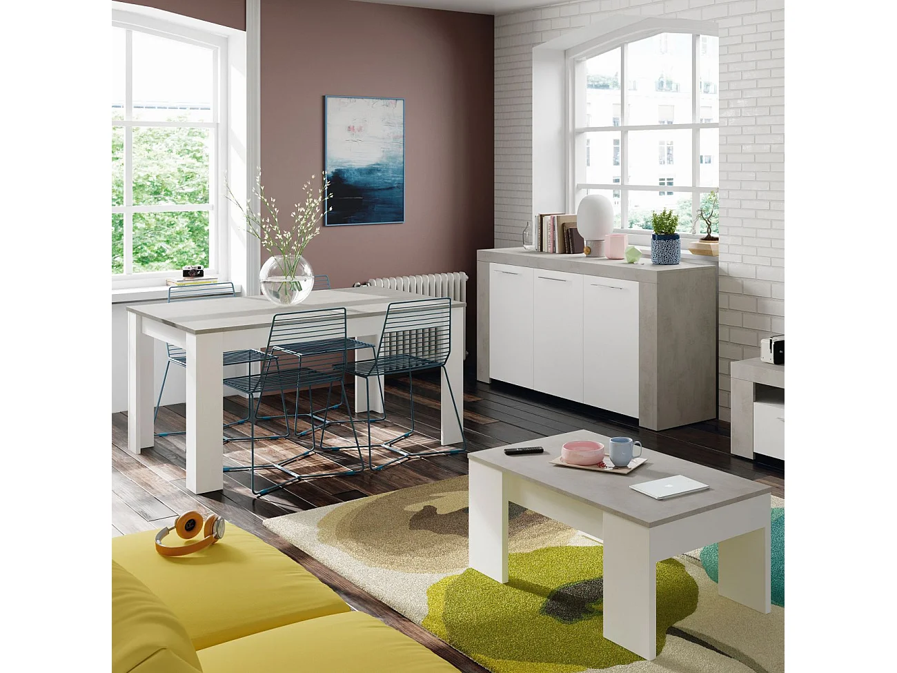 Table à manger THEA extensible L140-190cm - Blanc et béton