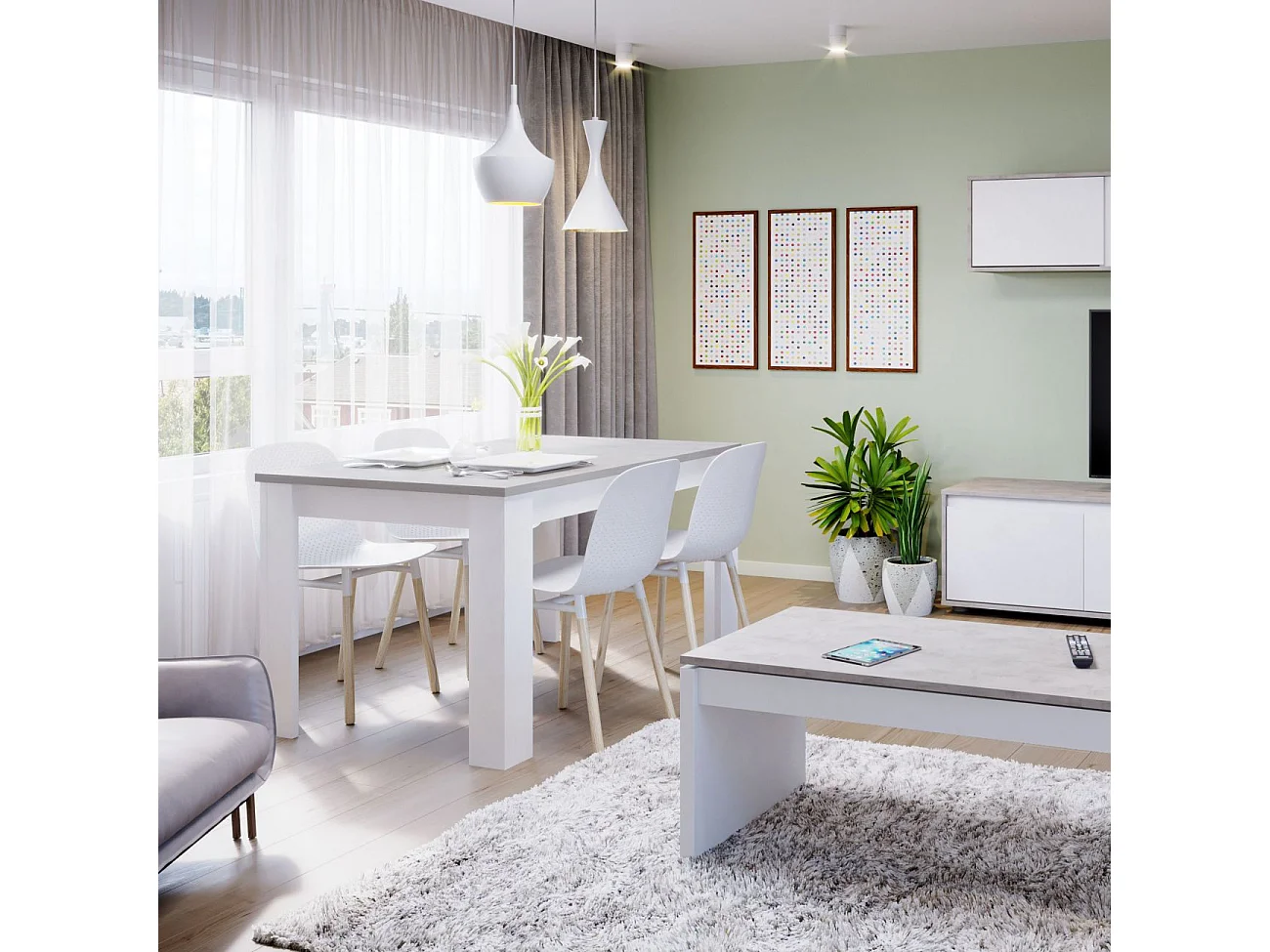 Table à manger THEA extensible L140-190cm - Blanc et béton