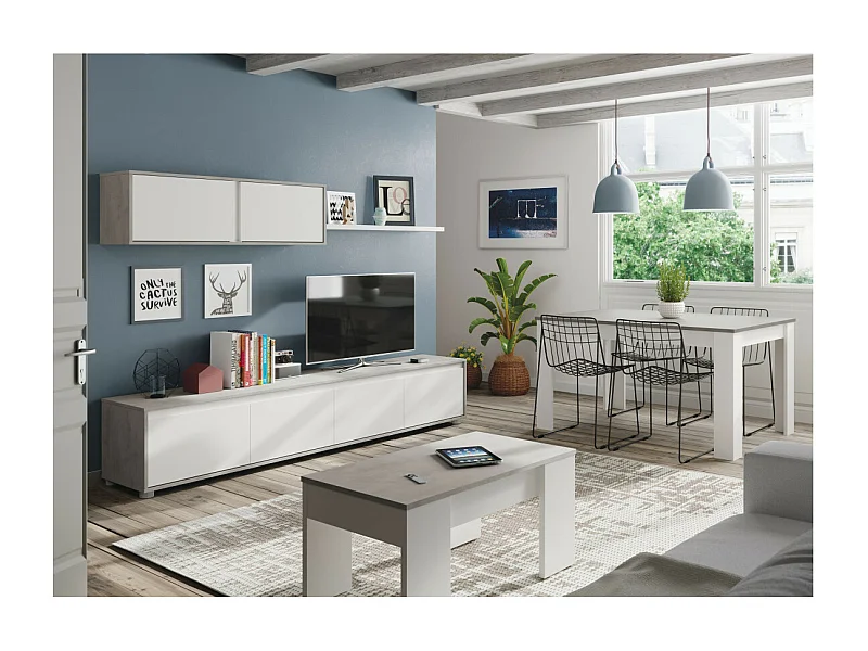 Tavolo da pranzo allungabile KENDRA Rettangolare Artik bianco e cemento 140/190 x 90 x 78 cm