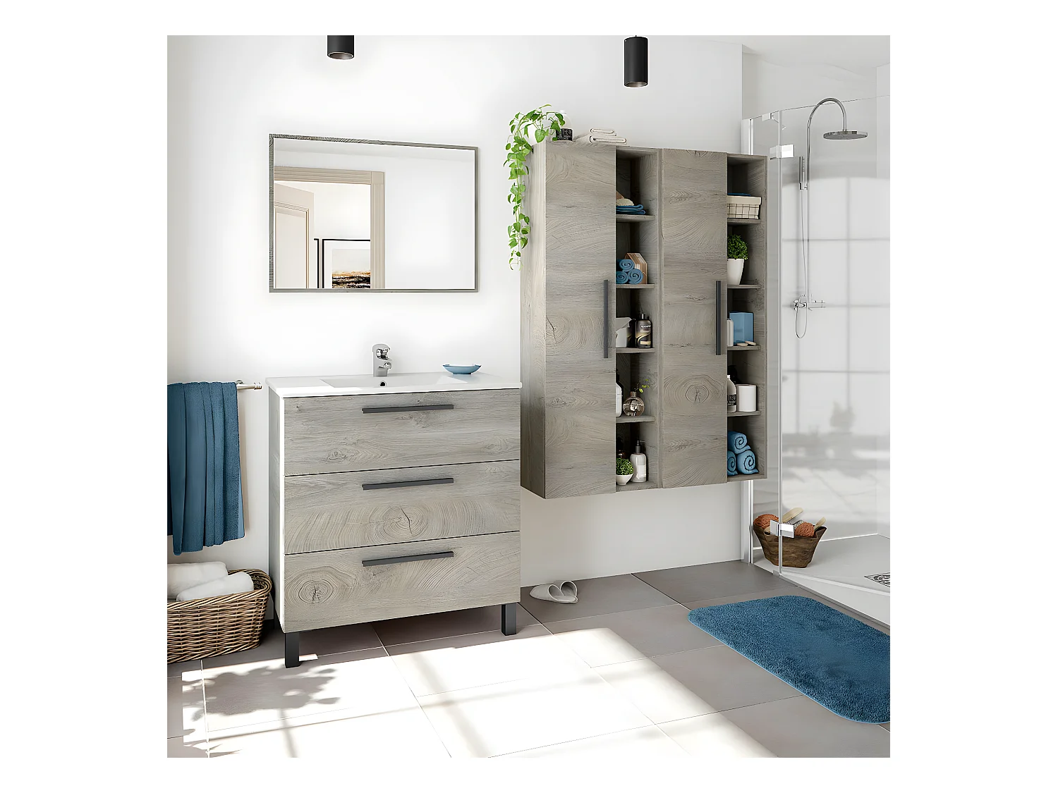 Colonne suspendue 1 porte avec 5 niches de rangement H135 cm