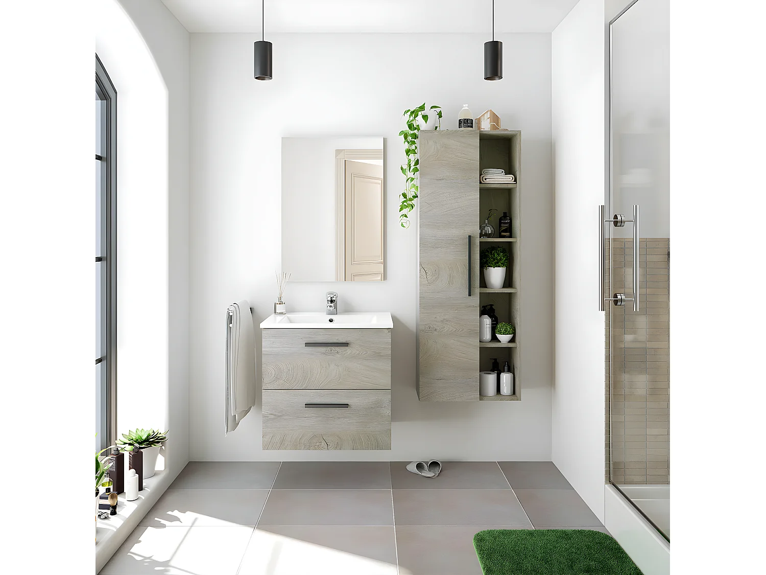 Colonne suspendue 1 porte avec 5 niches de rangement H135 cm