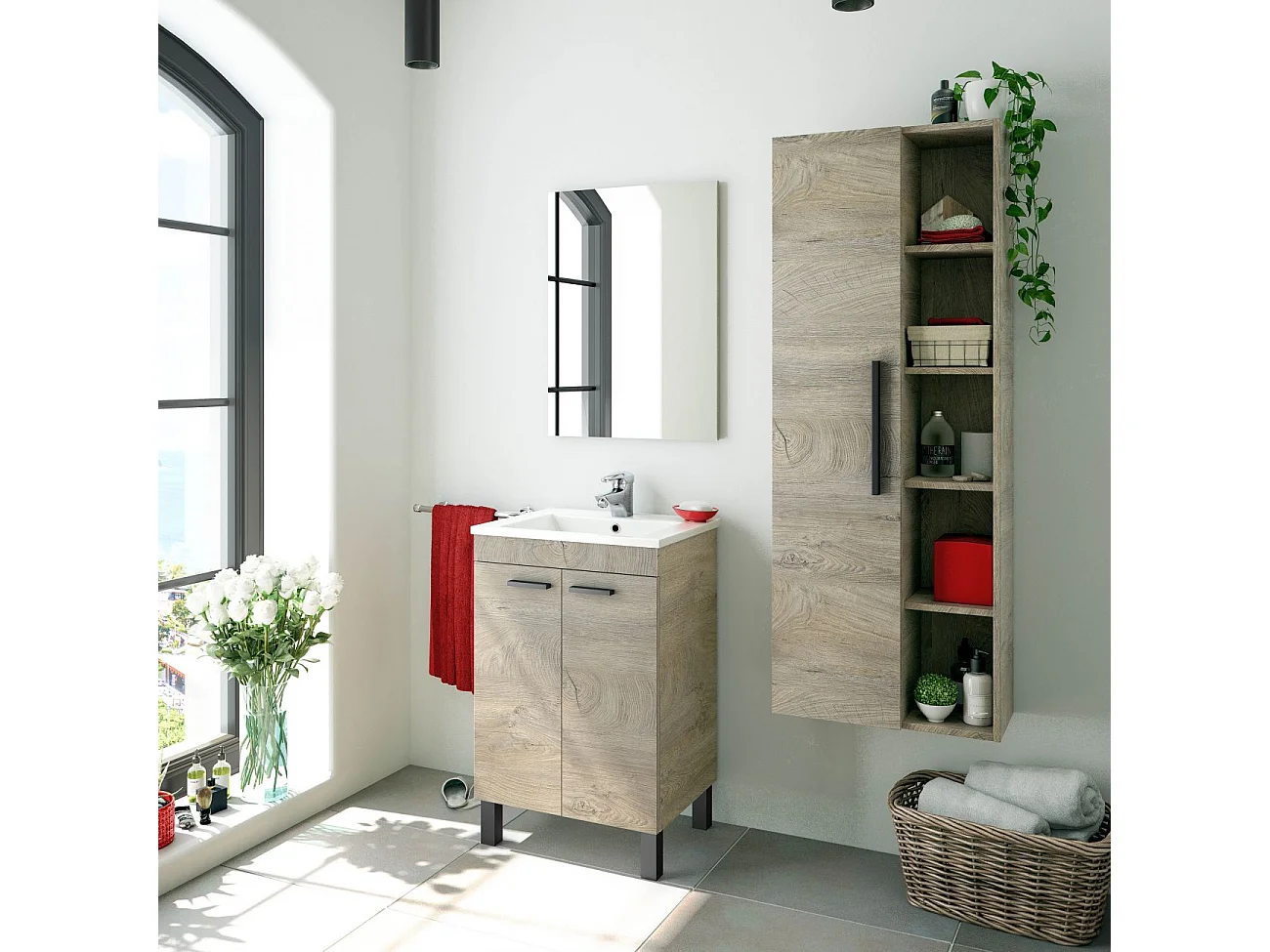 Colonne suspendue 1 porte avec 5 niches de rangement H135 cm