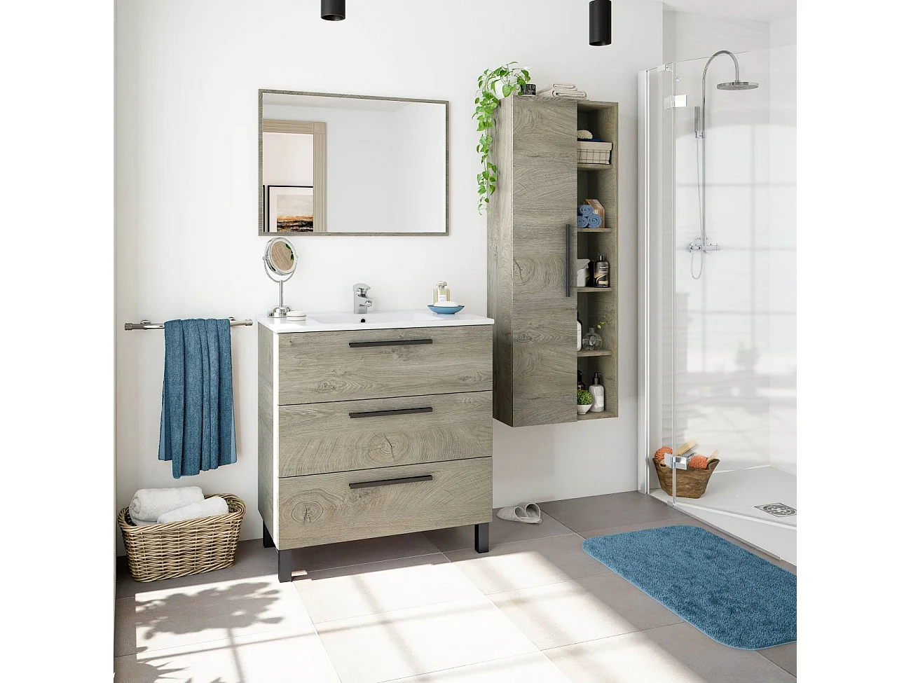 Colonne suspendue 1 porte avec 5 niches de rangement H135 cm