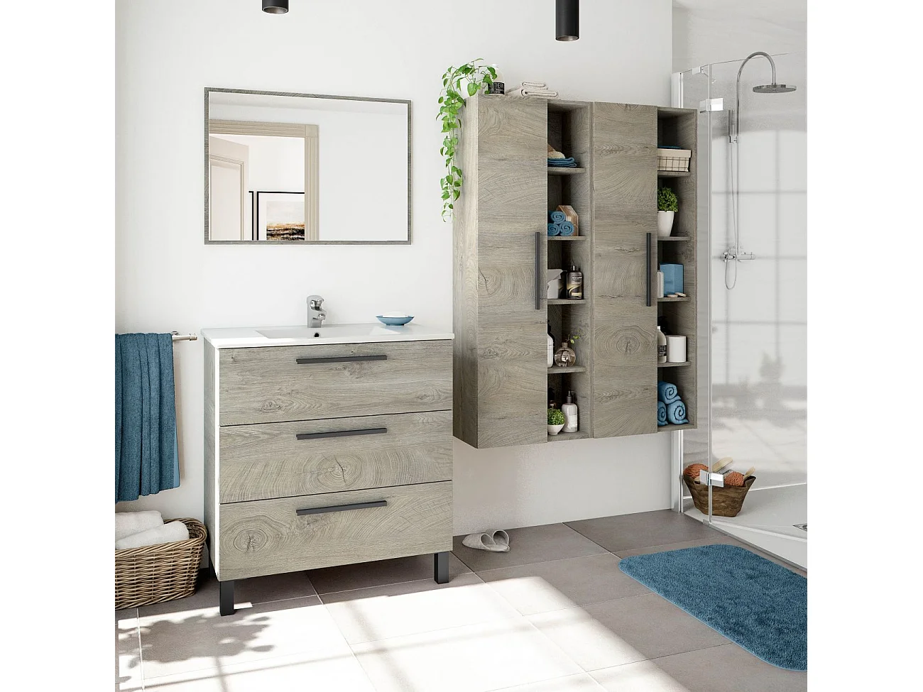 Colonne suspendue 1 porte avec 5 niches de rangement H135 cm