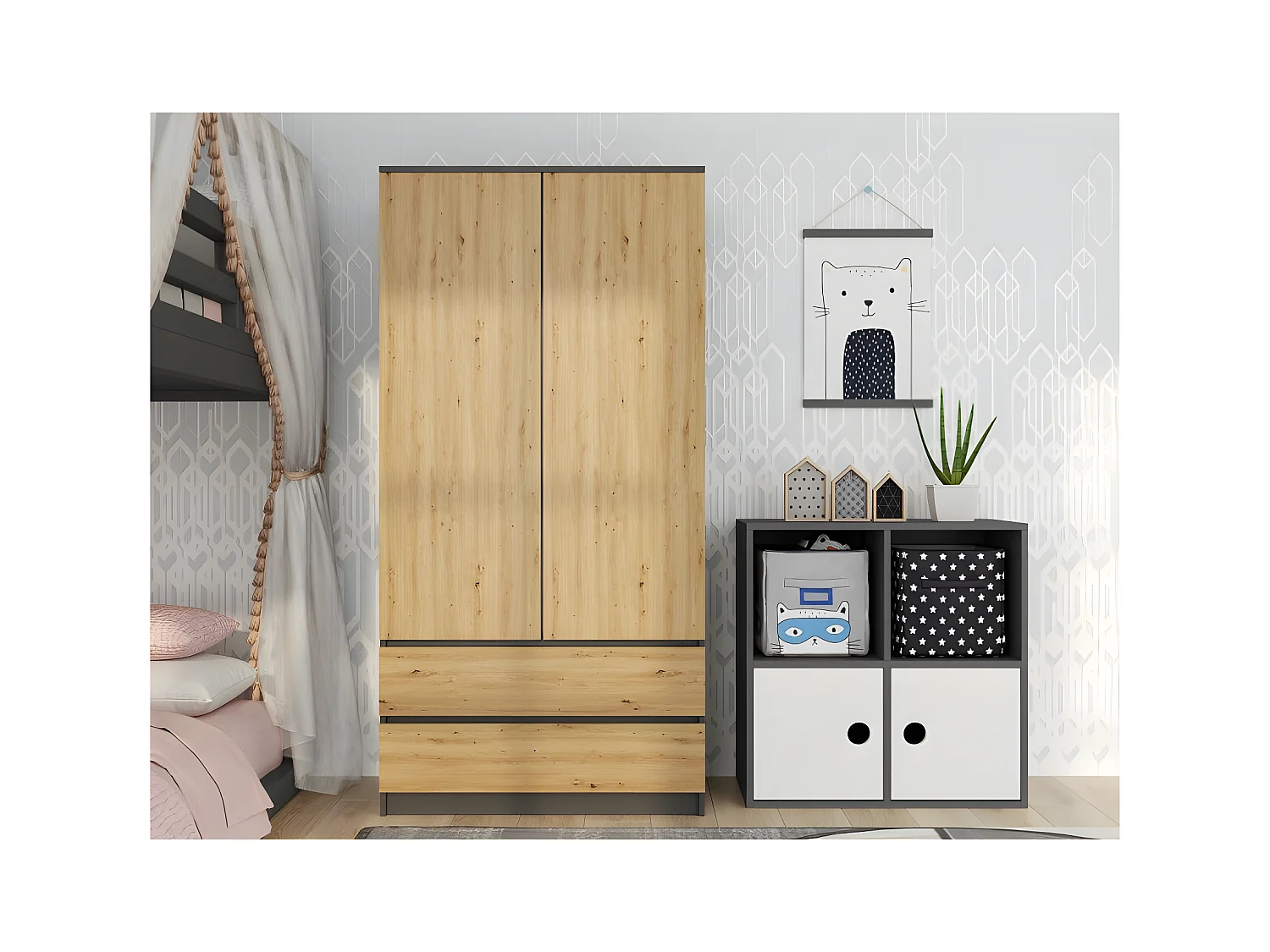 TURIN - Armario de dormitorio de estilo moderno - Armario multifunción - 2 puertas + 2 cajones - Vestidor