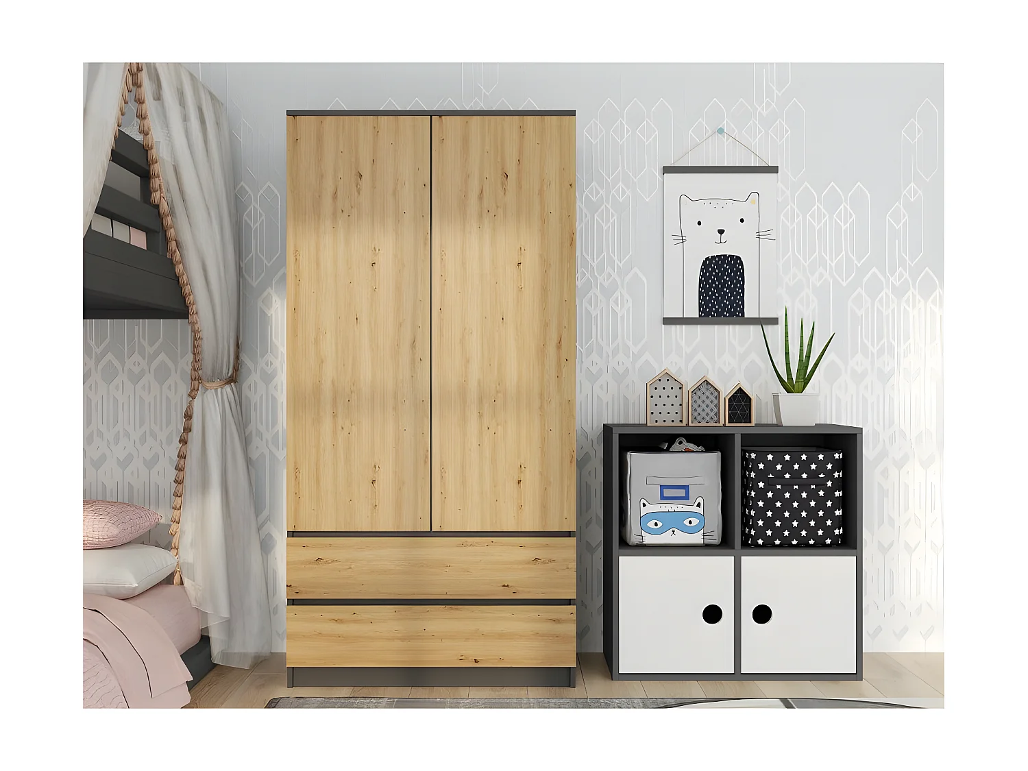 TURIN - Armario de dormitorio de estilo moderno - Armario multifunción - 2 puertas + 2 cajones - Vestidor