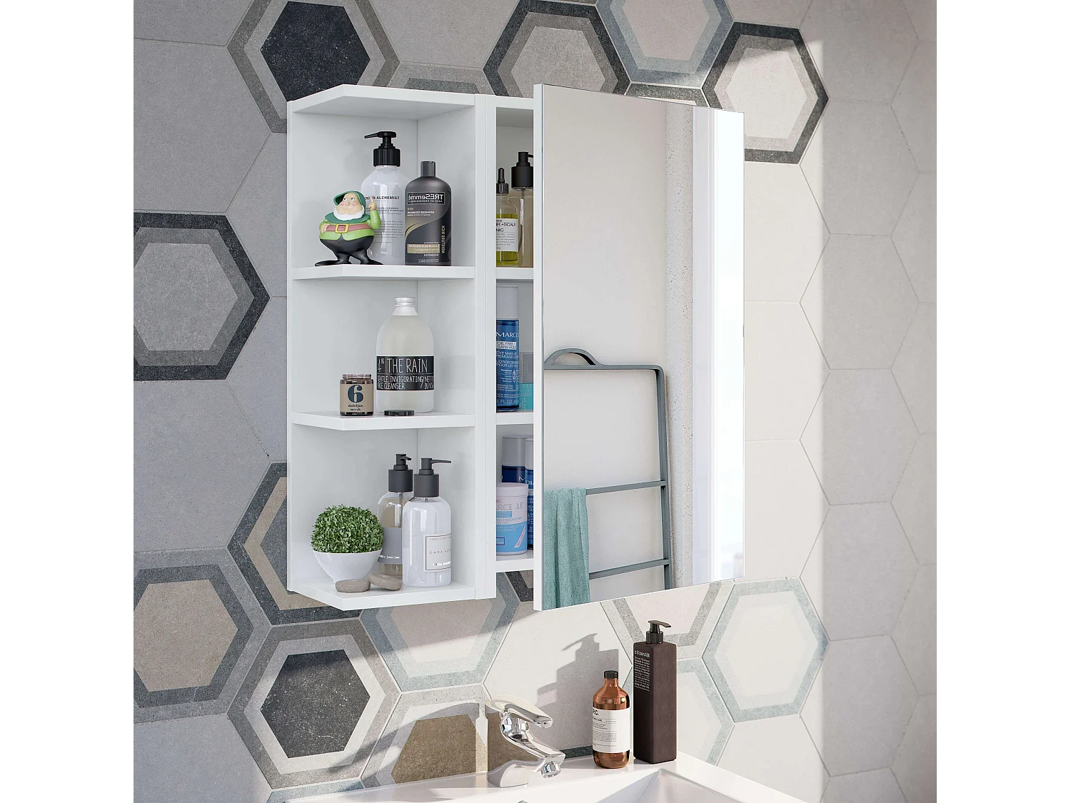 Módulo de baño rinconero blanco brillante avec 3 étagères pour un rangement optimal