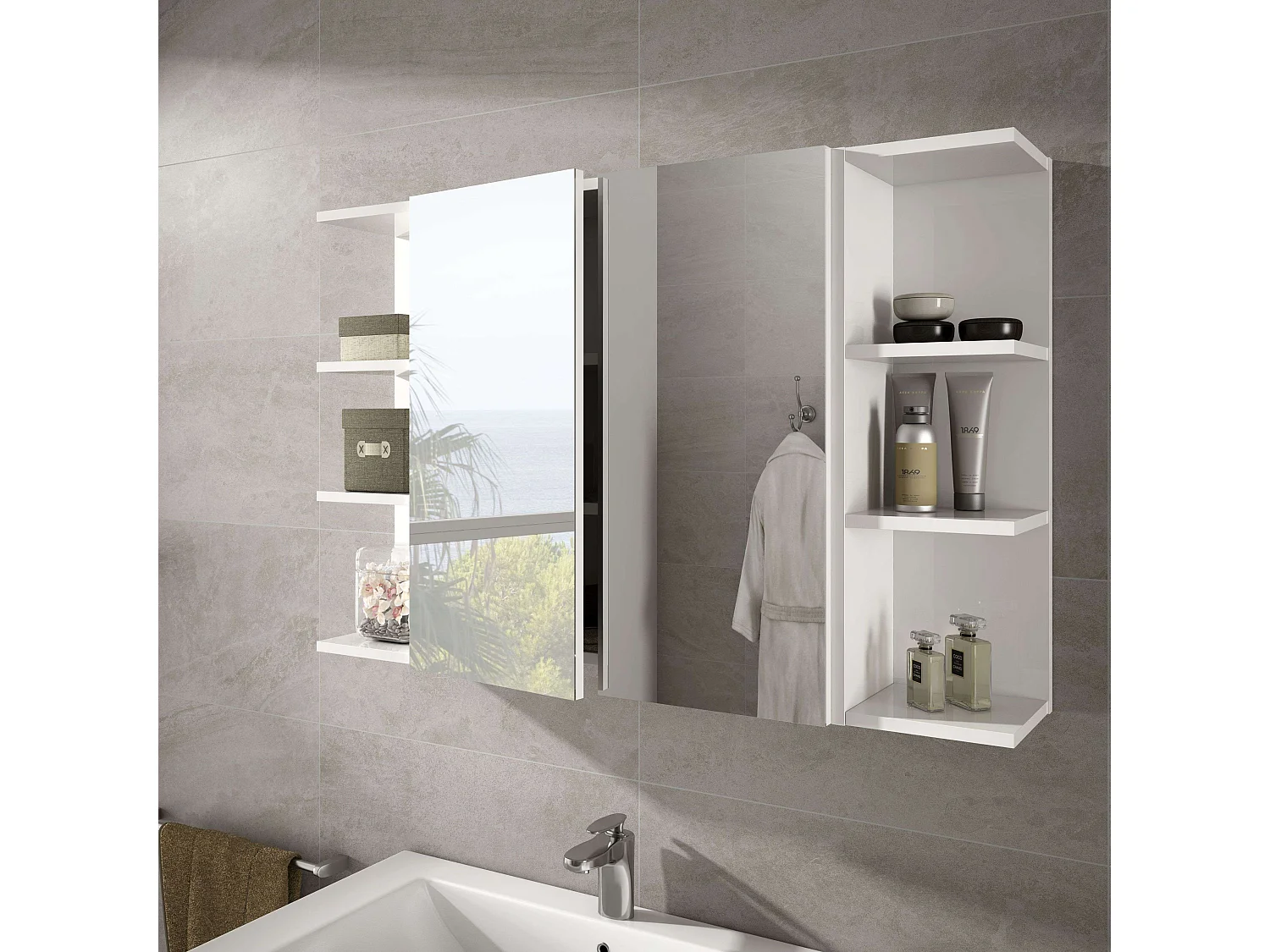 Módulo de baño rinconero blanco brillante avec 3 étagères pour un rangement optimal