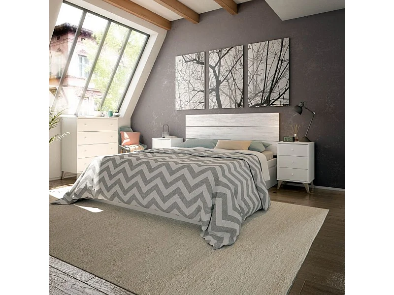 Tête de lit double Sweet 135/150 cm 2 chevets 3 tiroirs Blanc Velho