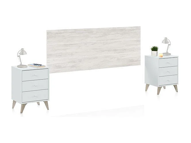 Tête de lit double Sweet 135/150 cm 2 chevets 3 tiroirs Blanc Velho
