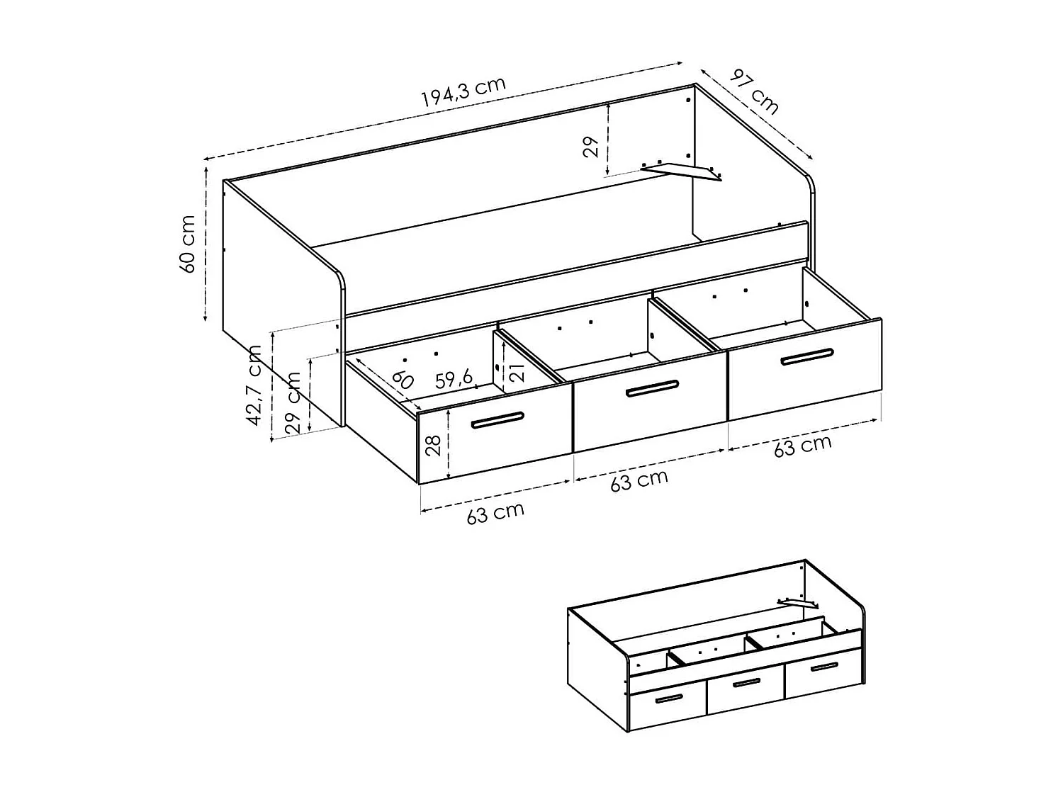 Cama nido Mek 3 cajones blanco 60x194x97 cm