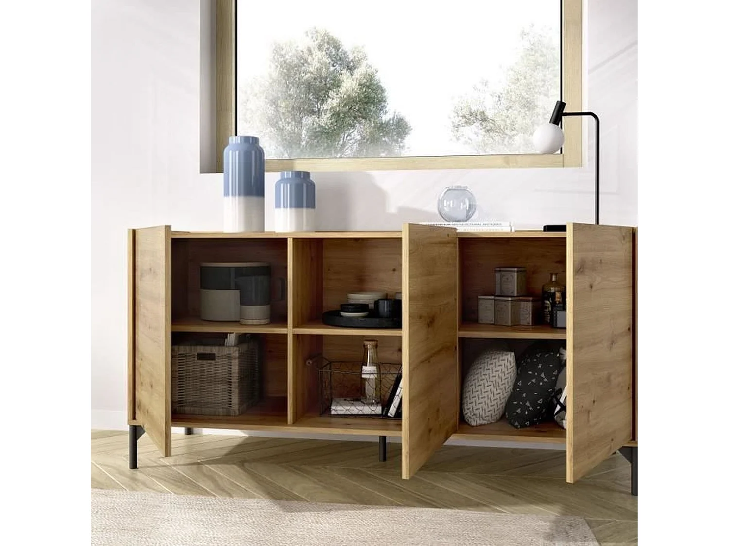 NESS niedriges Sideboard – Artisan Oak Melamin – 3 Türen – 155 x 43 x 75 cm