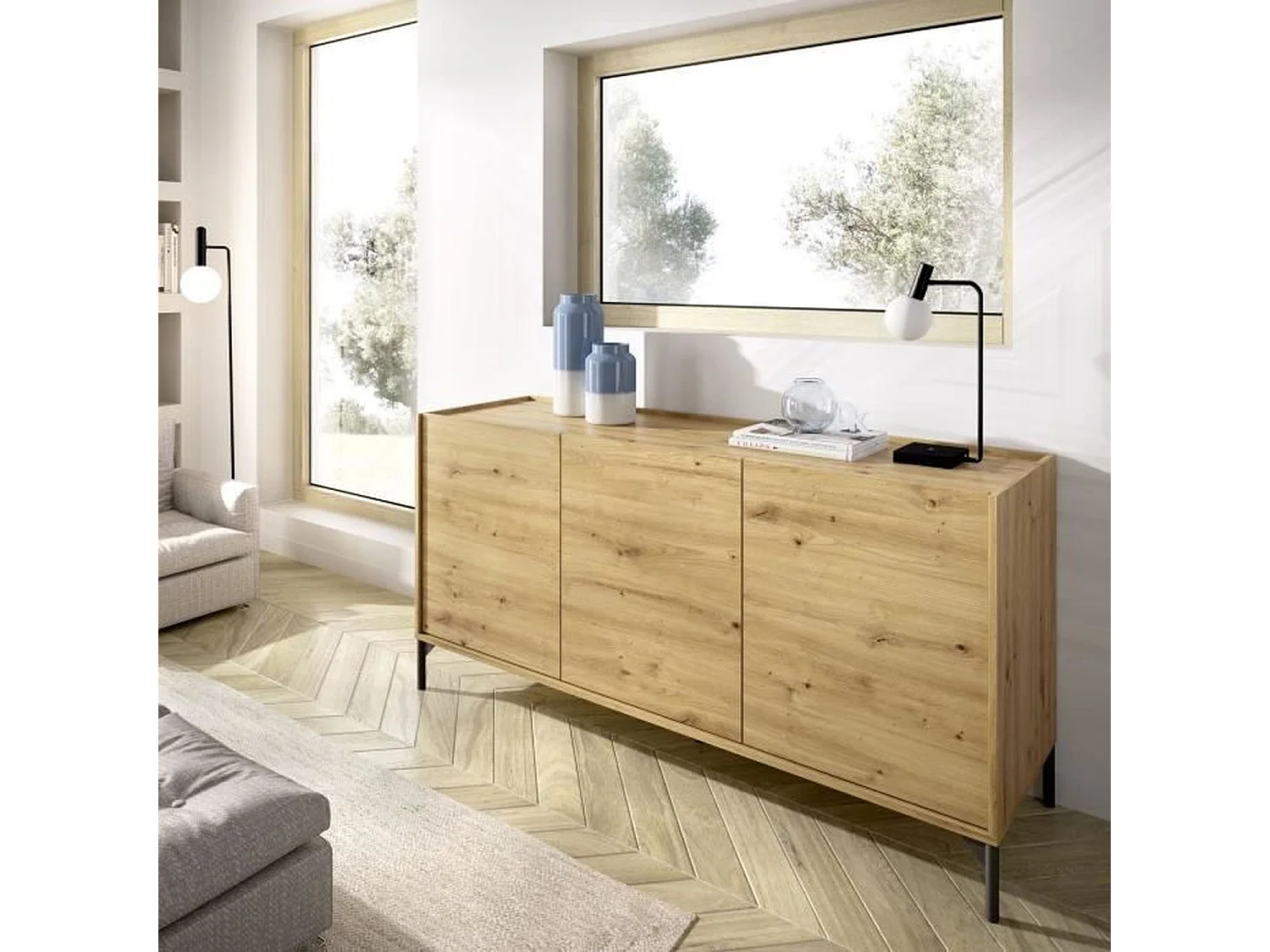 NESS niedriges Sideboard – Artisan Oak Melamin – 3 Türen – 155 x 43 x 75 cm