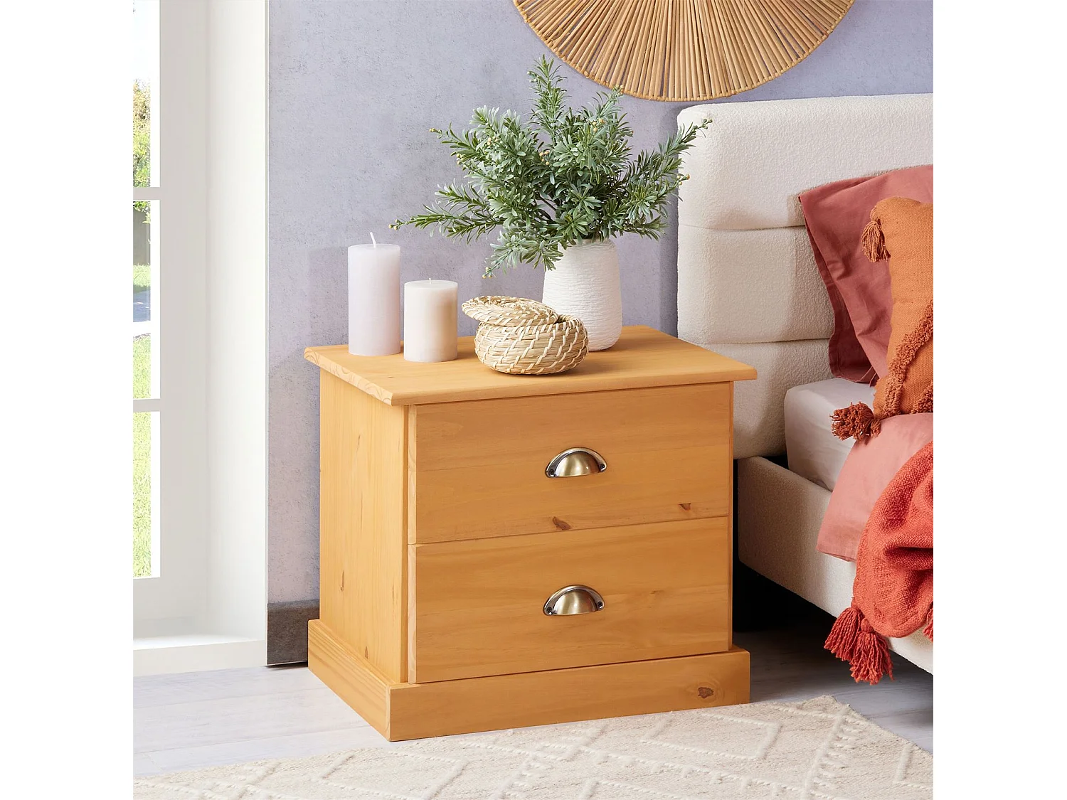 Table de chevet PARIS table de nuit avec 2 tiroirs, en pin massif lasuré brun