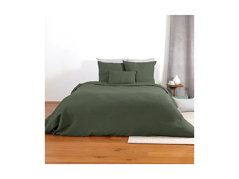 Parure de lit 260x240 cm double gaze de coton GAZGAZ vert kaki 3 pièces