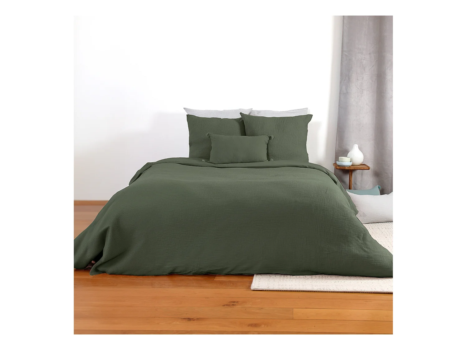 Parure de lit 260x240 cm double gaze de coton GAZGAZ vert kaki 3 pièces