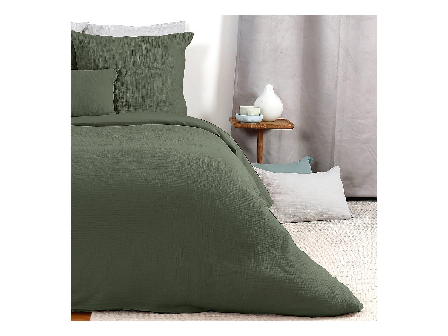 Parure de lit 140x200 cm double gaze de coton GAZGAZ vert kaki 2 pièces