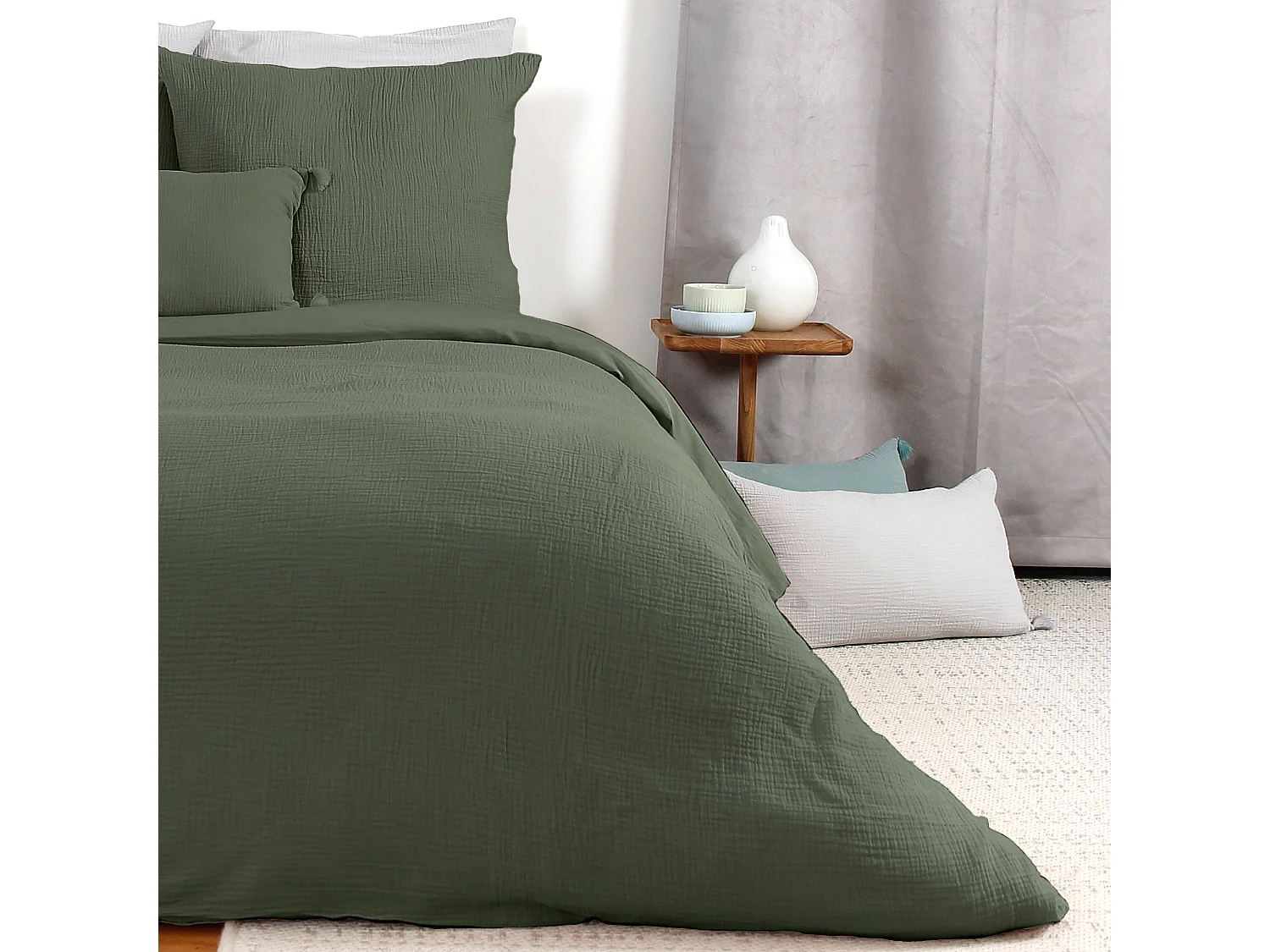 Parure de lit 140x200 cm double gaze de coton GAZGAZ vert kaki 2 pièces