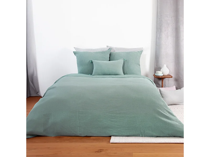 Parure de lit 240x220 cm double gaze de coton GAZGAZ vert amande 3 pièces