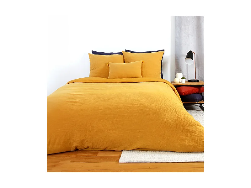 Parure de lit 240x220 cm double gaze de coton GAZGAZ jaune moutarde 3 pièces