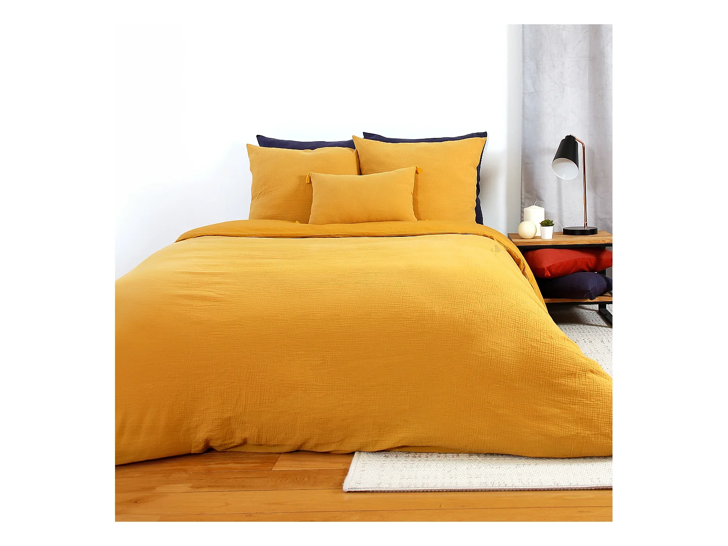 Parure de lit 240x220 cm double gaze de coton GAZGAZ jaune moutarde 3 pièces