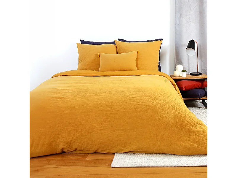 Parure de lit 240x220 cm double gaze de coton GAZGAZ jaune moutarde 3 pièces