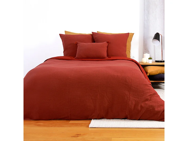 Parure de lit 240x220 cm double gaze de coton GAZGAZ rouge ocre 3 pièces