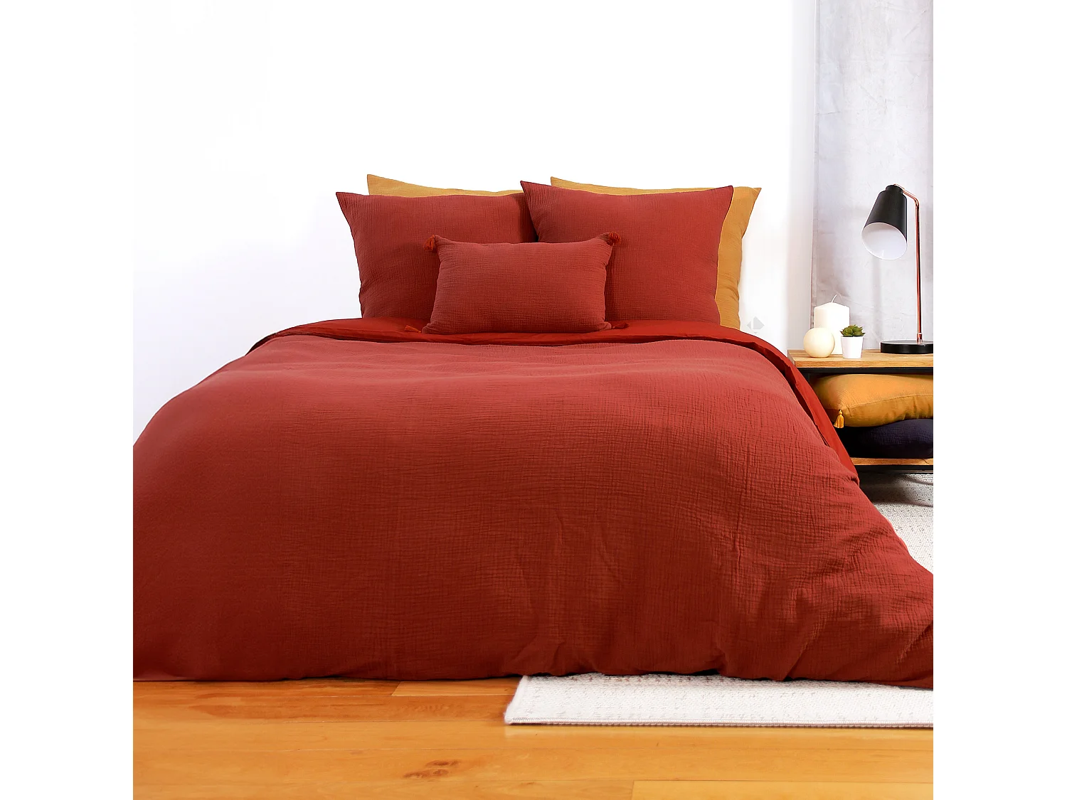 Parure de lit 240x220 cm double gaze de coton GAZGAZ rouge ocre 3 pièces