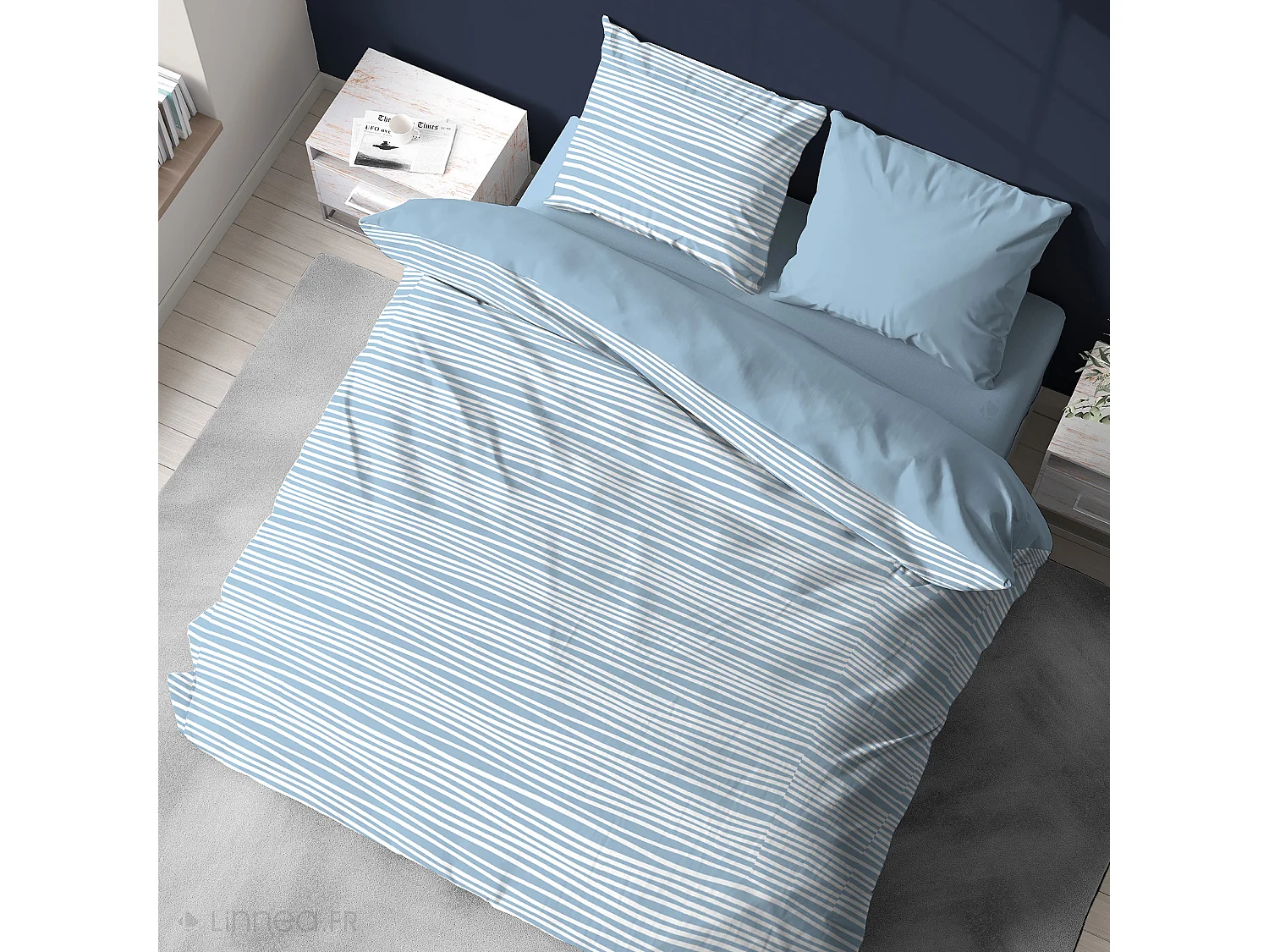 Parure de lit 260x240 cm 100% polyester microfibre BLIS bleu 3 pièces