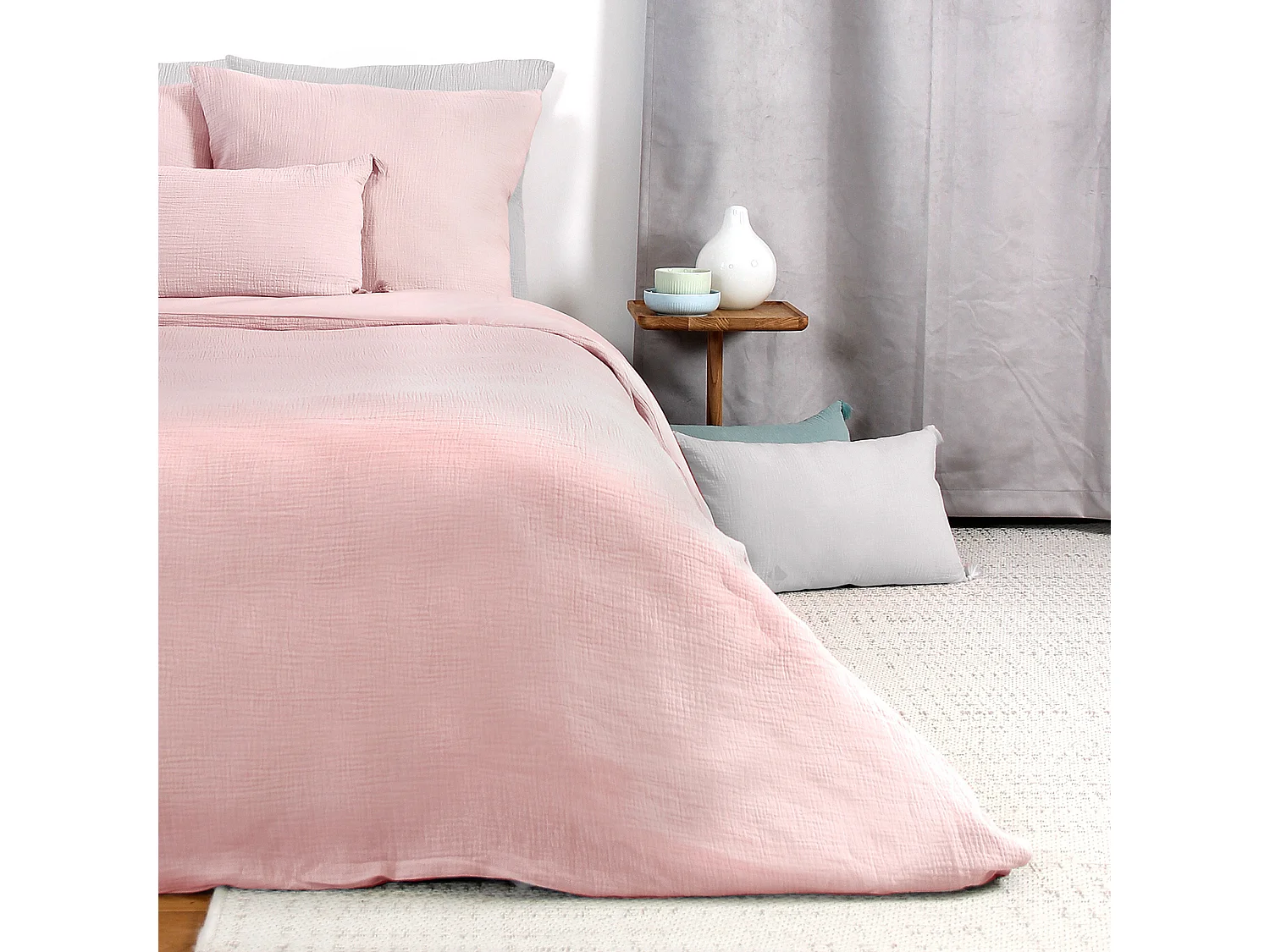 Parure de lit 140x200 cm double gaze de coton GAZGAZ rose 2 pièces