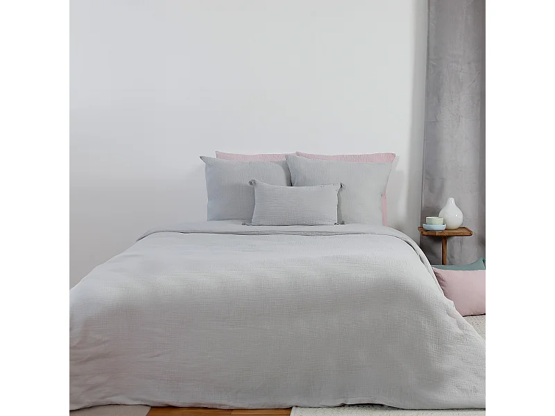Parure de lit 260x240 cm double gaze de coton GAZGAZ gris 3 pièces