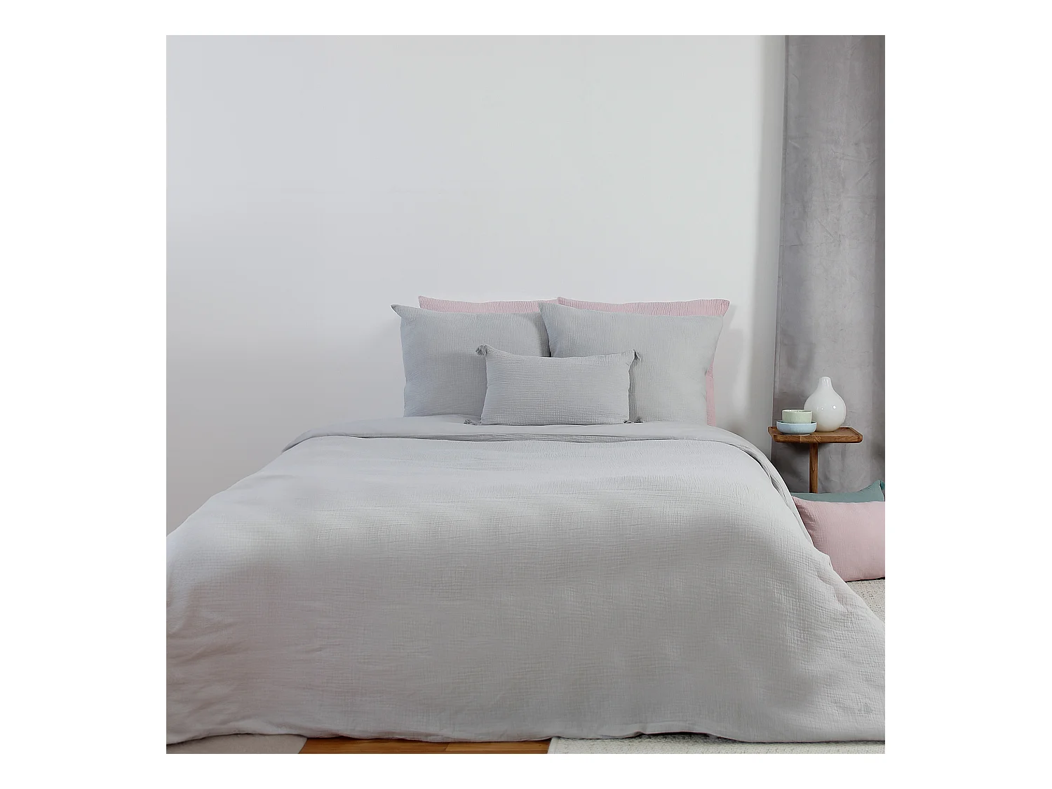 Parure de lit 260x240 cm double gaze de coton GAZGAZ gris 3 pièces