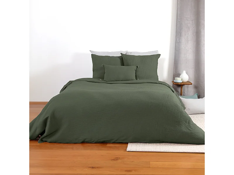 Parure de lit 240x220 cm double gaze de coton GAZGAZ vert kaki 3 pièces