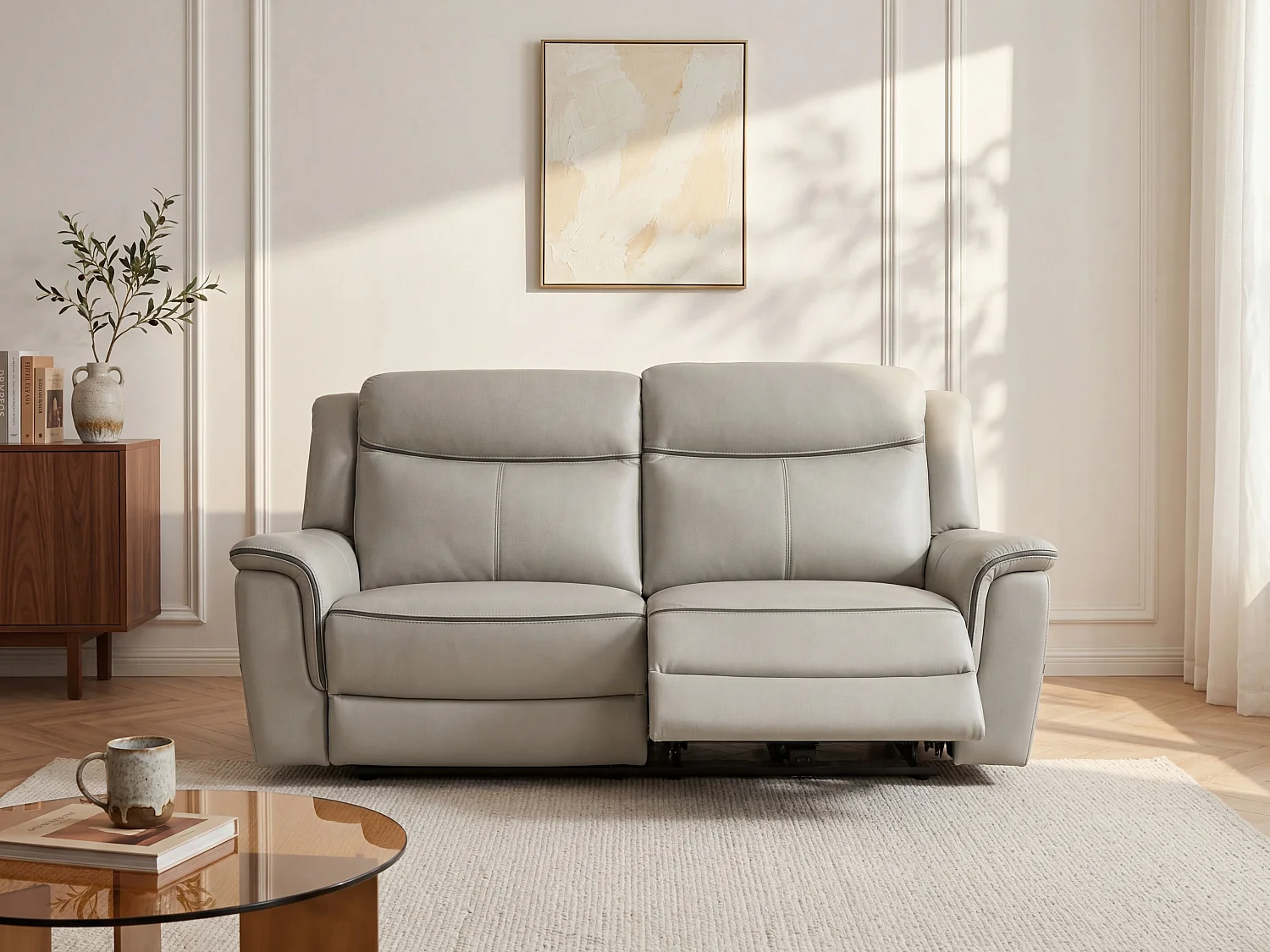 Canapé 3 places relax électrique en cuir gris clair ADELIO