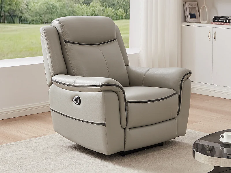 Fotel z elektryczną funkcją relax z jasnoszarej skóry - ADELIO