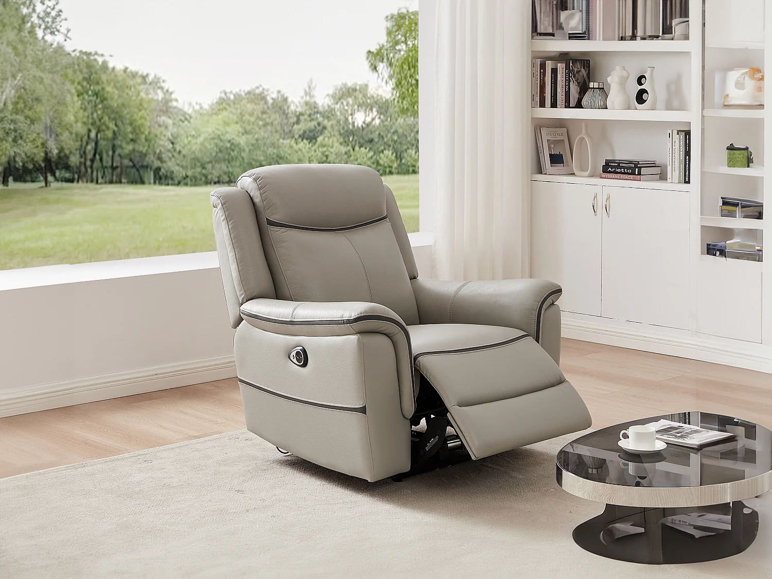 Sillón relax eléctrico de cuero gris claro ADELIO