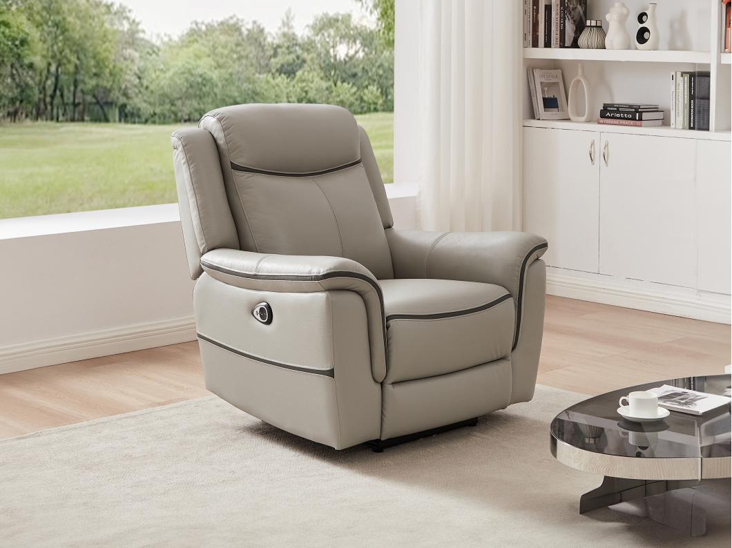 Fotel z elektryczną funkcją relax z jasnoszarej skóry - ADELIO