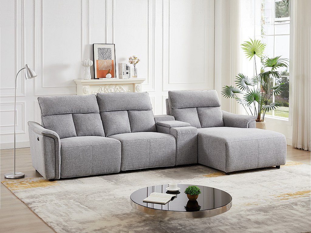 Sofá rinconera derecho relax eléctrico de tela gris claro GARUVO