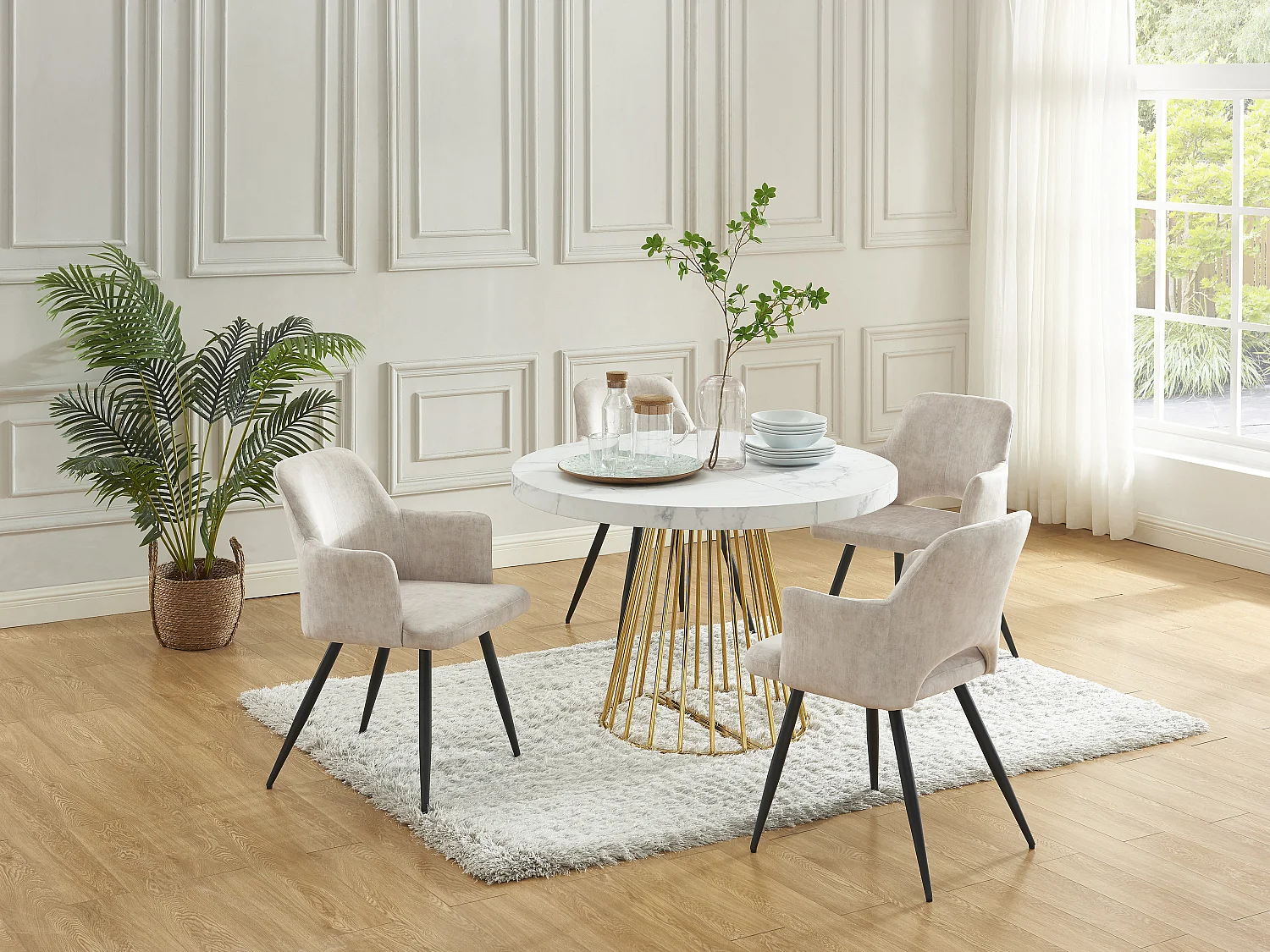Table à manger extensible 2 à 12 personnes en MDF et acier - Effet marbre blanc et doré - FIRELA