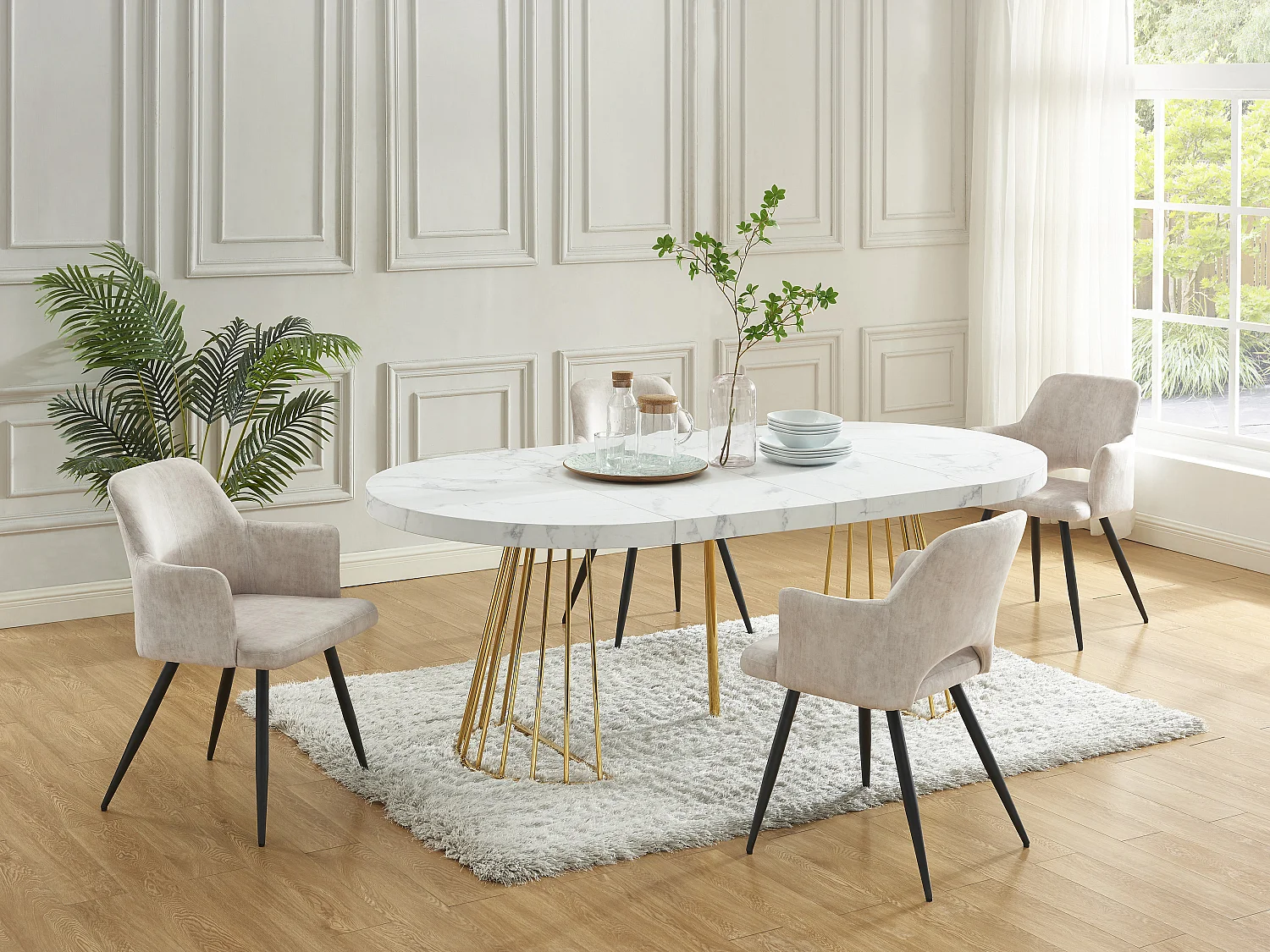 Uitschuifbare eettafel 2 tot 12 plaatsen van mdf en staal - Wit marmereffect en goud - FIRELA