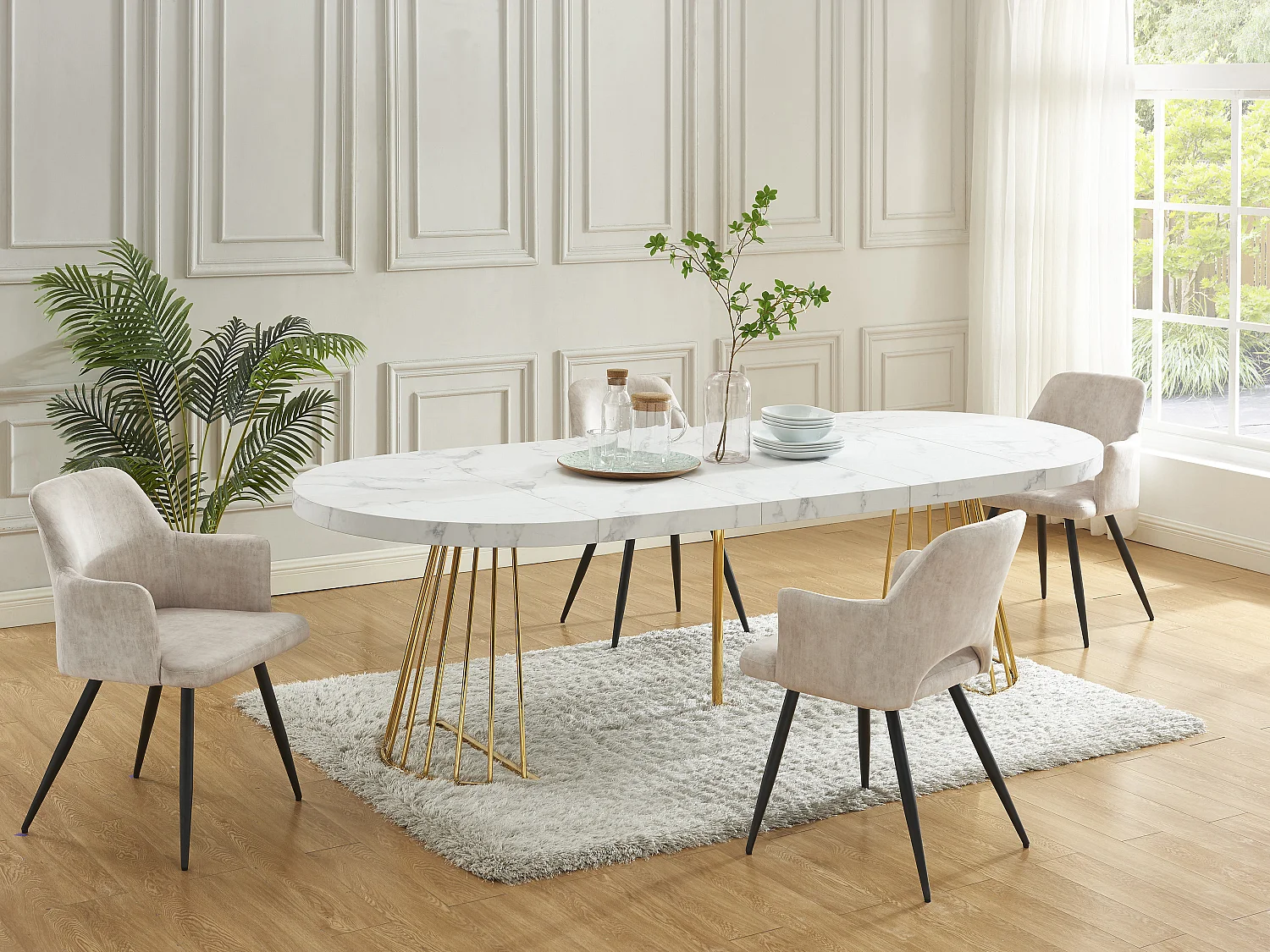 Uitschuifbare eettafel 2 tot 12 plaatsen van mdf en staal - Wit marmereffect en goud - FIRELA