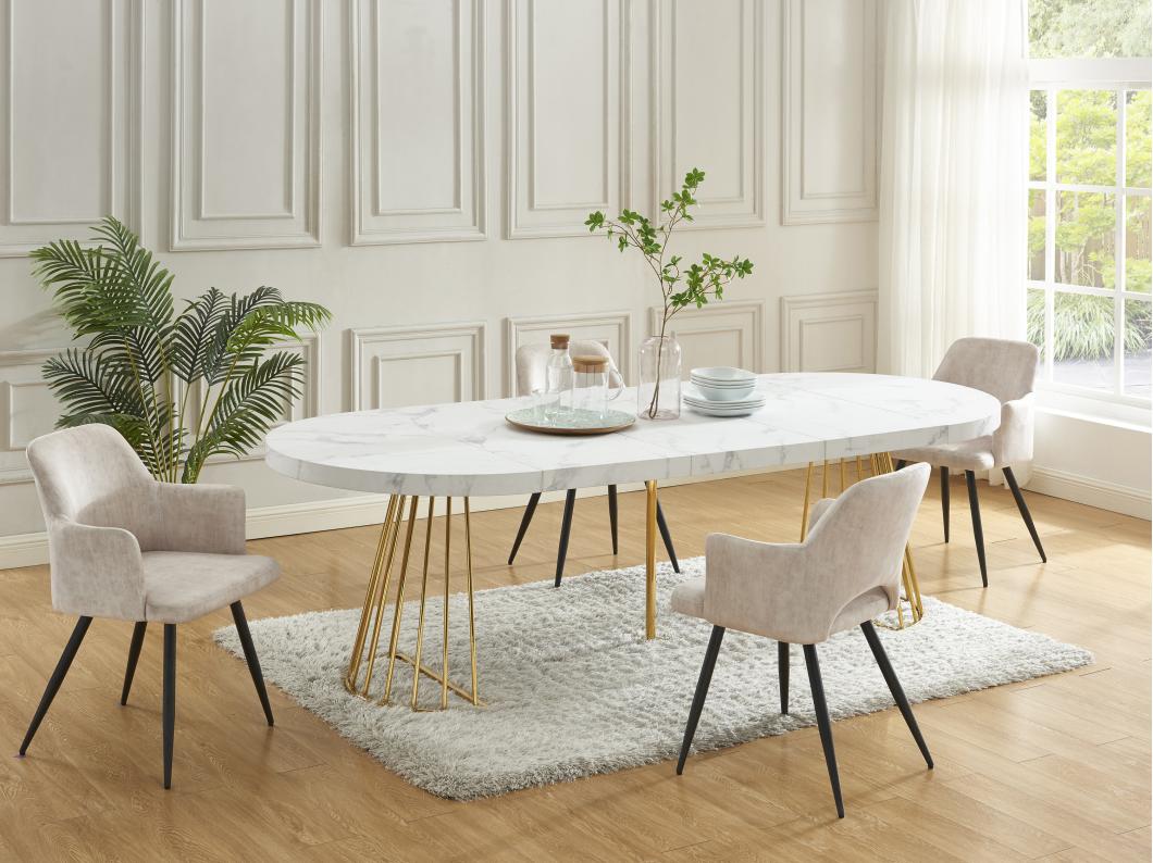 Table à manger extensible 2 à 12 personnes en MDF et acier - Effet marbre blanc et doré - FIRELA