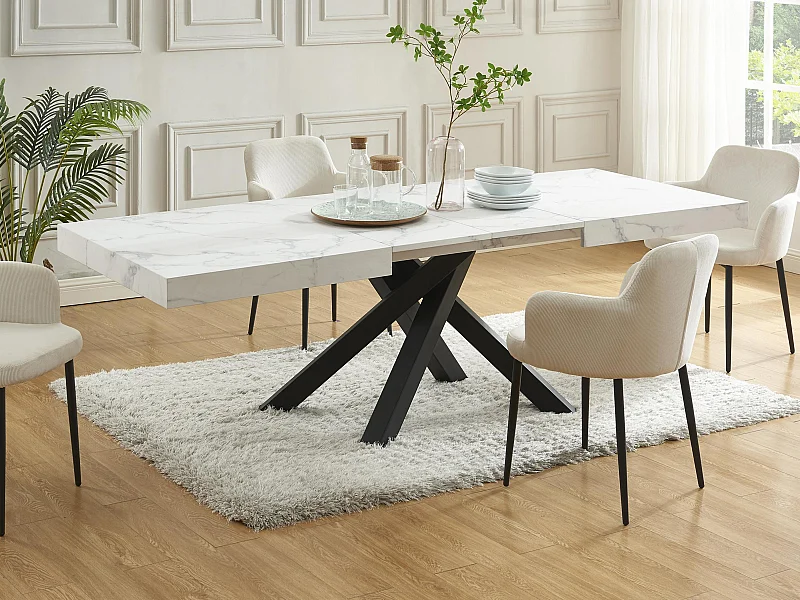 Table à manger extensible 6 à 10 personnes en MDF et métal - Effet marbre blanc et noir - CATONAV