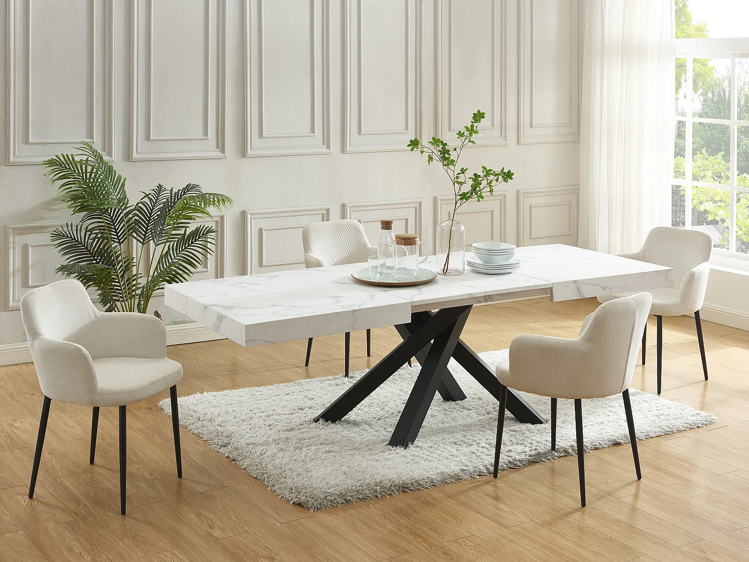 Mesa de comedor extensible de 6 a 10 cubiertos de MDF y metal - Efecto mármol blanco y negro - CATONAV
