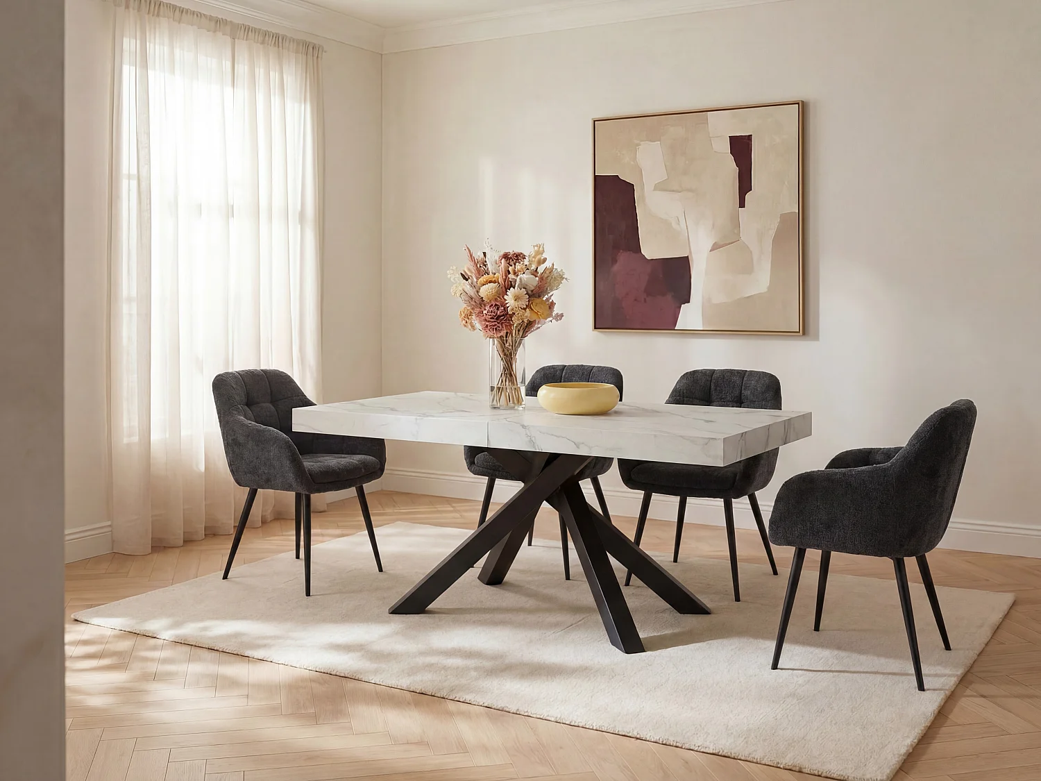 6 - 10 Seater extendable dining table in MDF and metal - Black and white marble effect - CATONAV