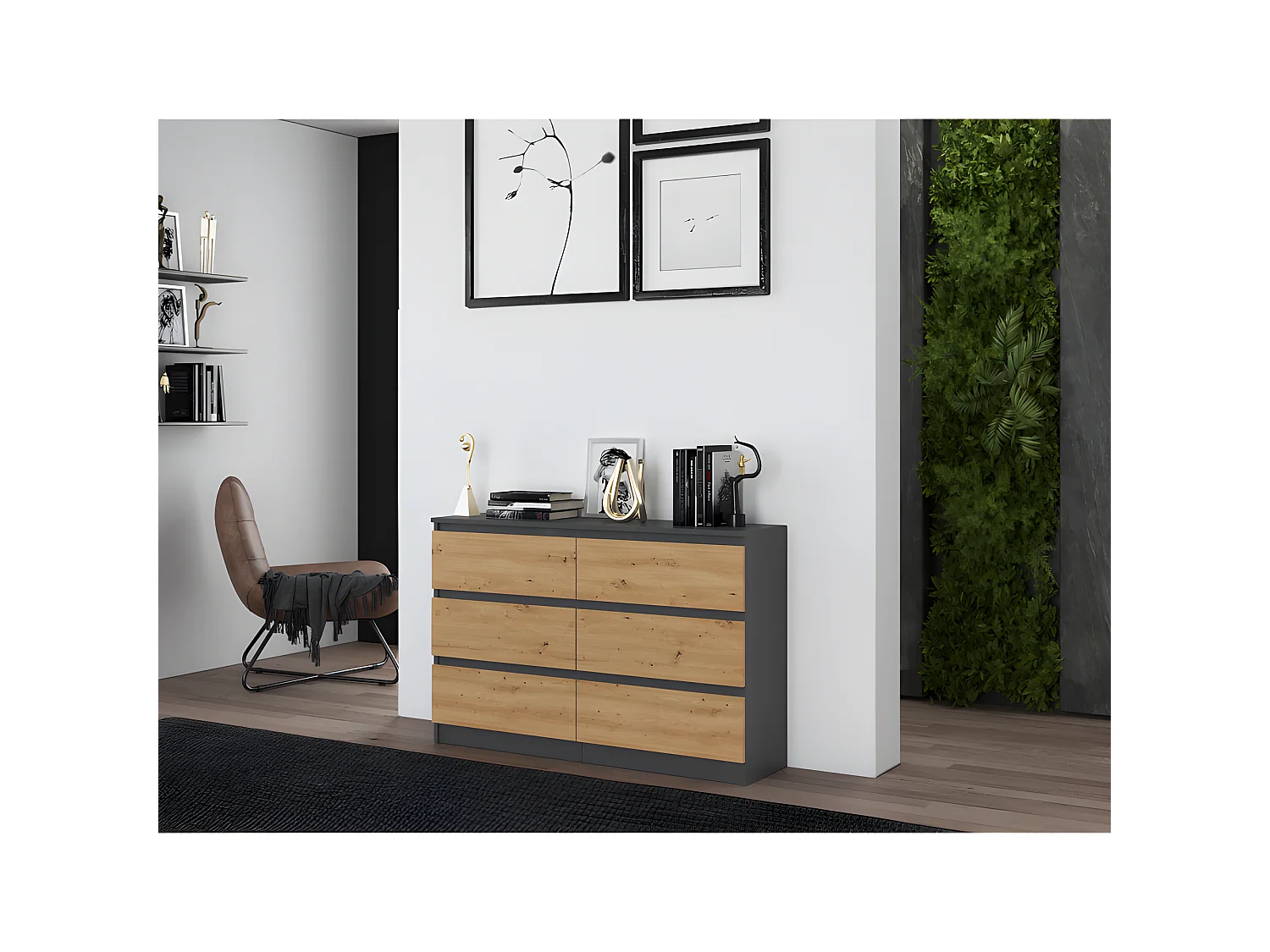 MILAN - Commode de chambre large 6 tiroirs - 30x120x77cm - Style scandinave - Meuble de rangement