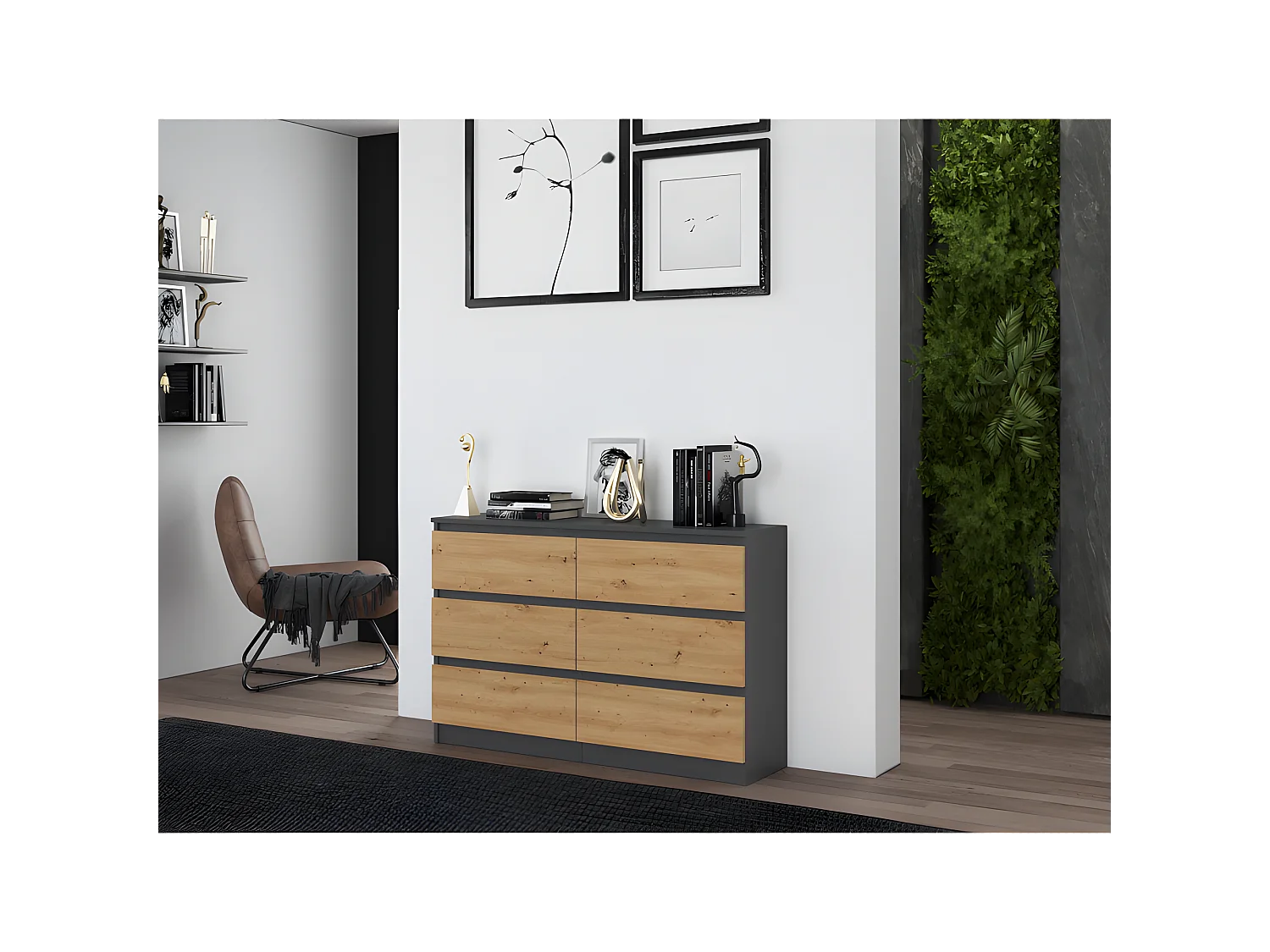 MILAN - Cómoda de dormitorio amplia 6 cajones - 30x120x77cm - Estilo escandinavo - Armario de almacenamiento