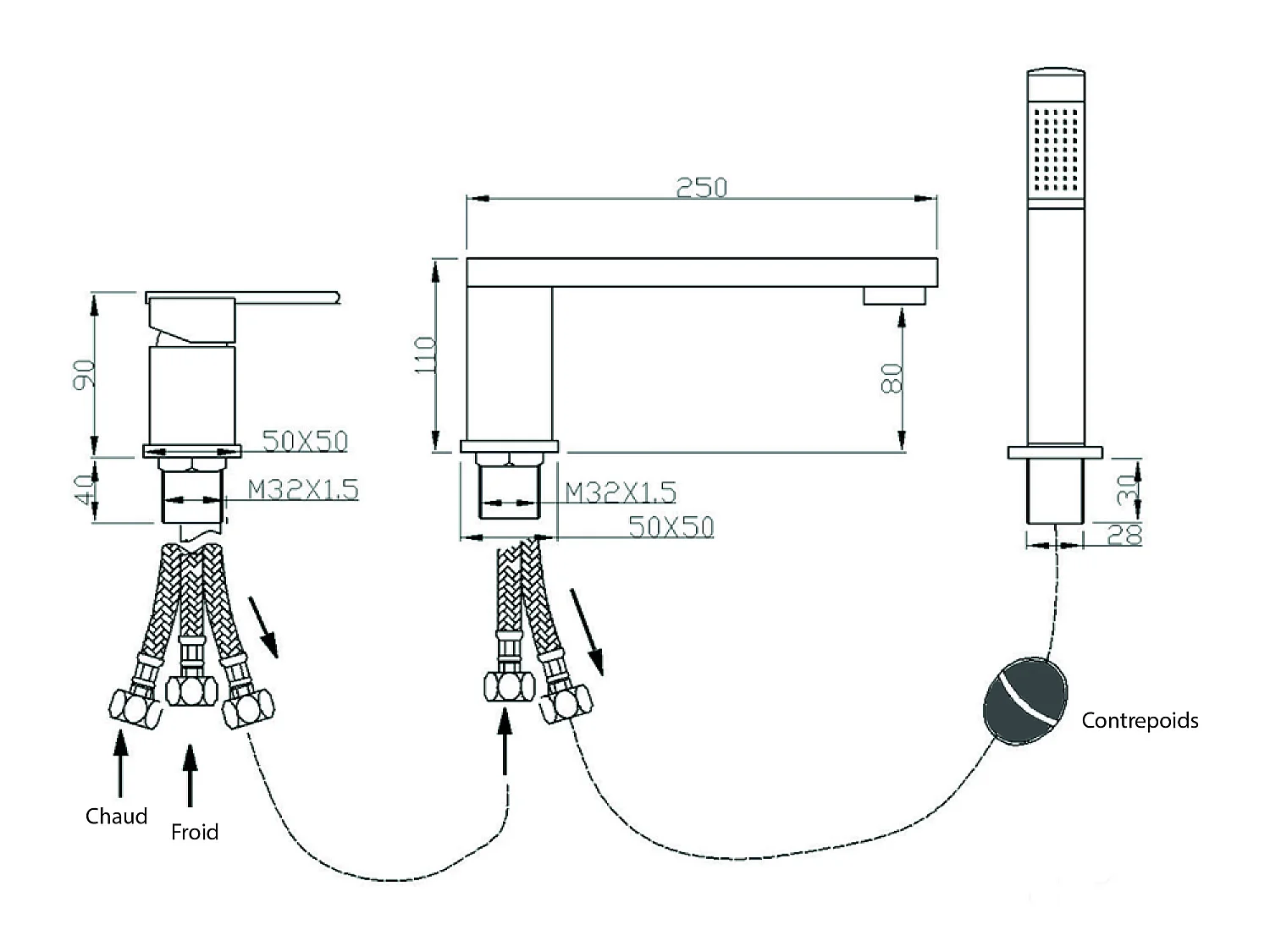 Mitigeur bain-douche 3 trous sur plage Gun métal - Sirius