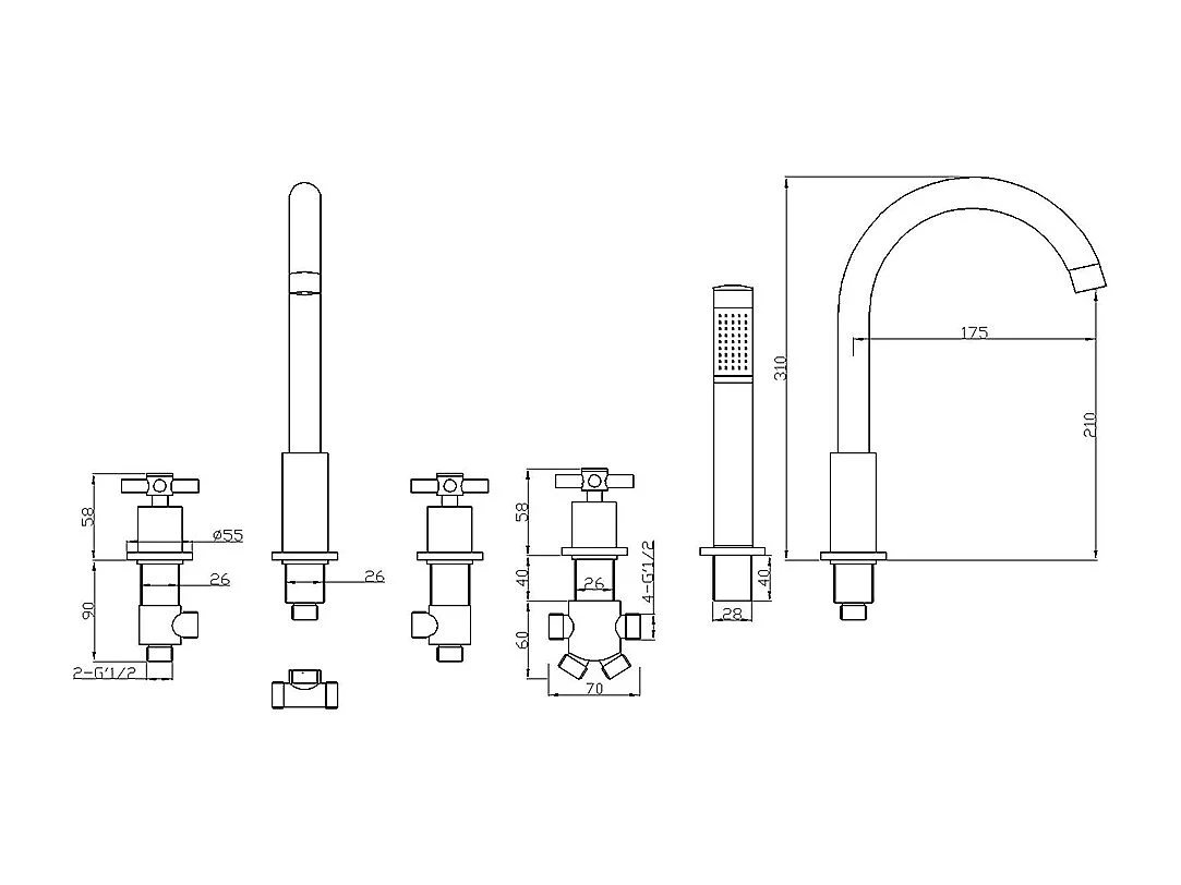 Robinet mélangeur bain-douche 5 trous sur plage Doré - Corbeau